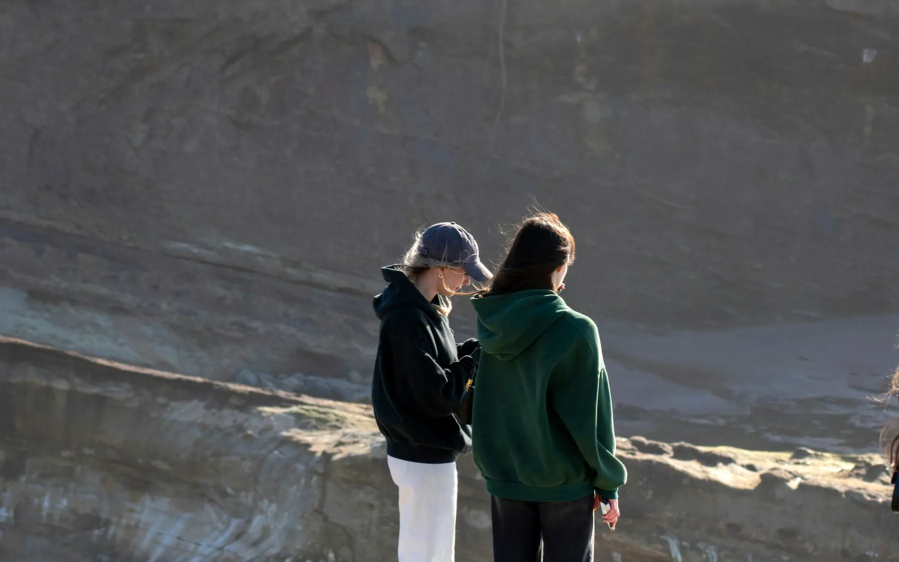 Two travellers taking in a wide canyon view